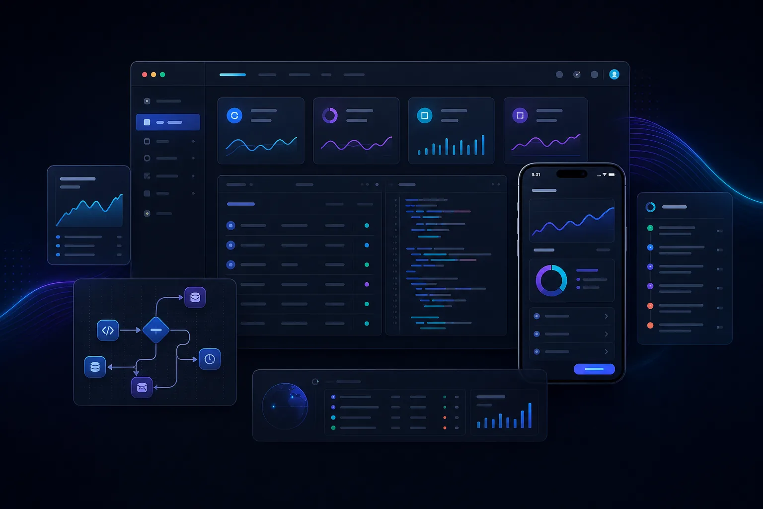 Dark product dashboard interface showing analytics, automation, mobile app, and code panels
